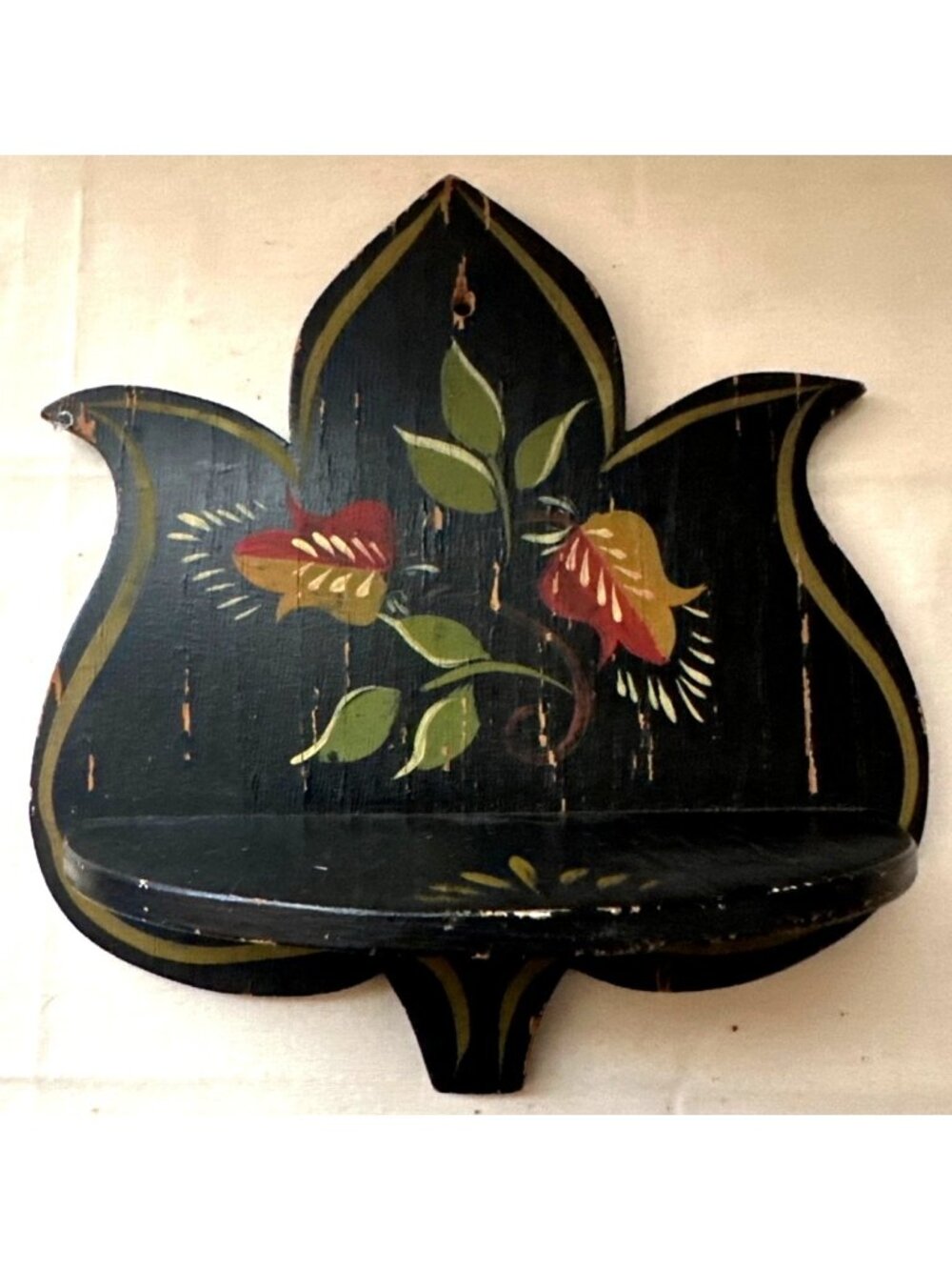 Vintage Black Wooden Wall Shelf Floral Design Finish Charming Folk Art Rustic
